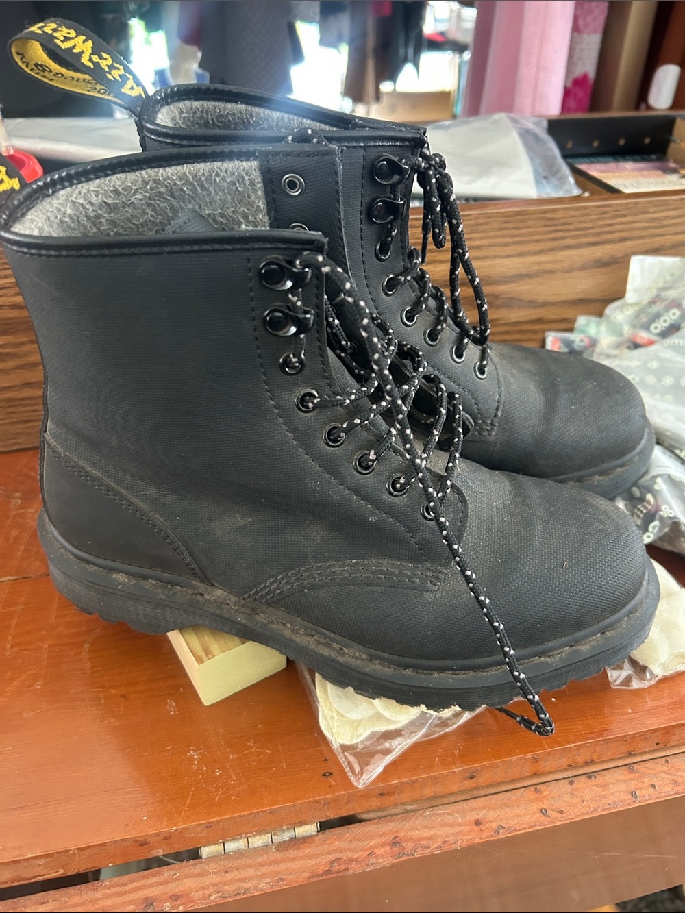 Dr. Martens Black Leather Lace-Up Boot with Grey Felt Lining
